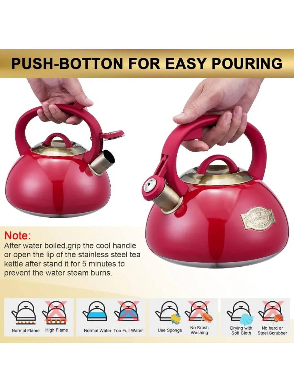 Red Kitchen Whistling Tea Kettle 2.2 Quart Stainless Steel Stovetop Induction